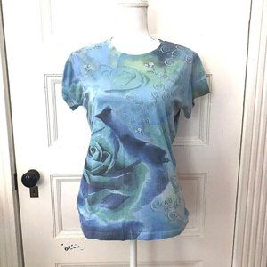 Yukiko Blue Abstract Floral Allover Graphic T Shirt